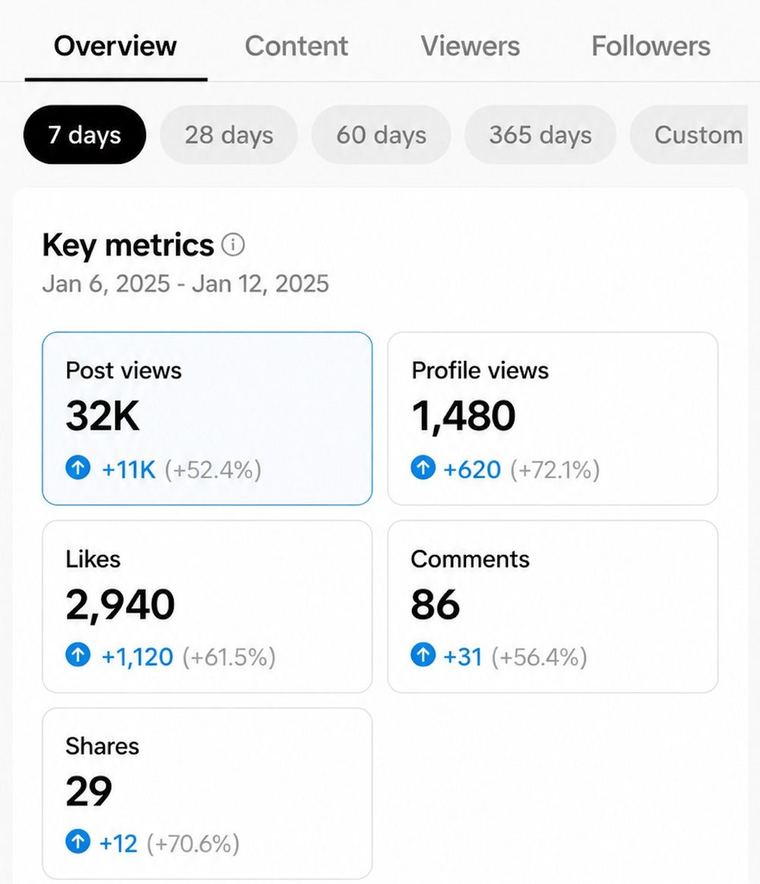Client analytics dashboard showing follower growth