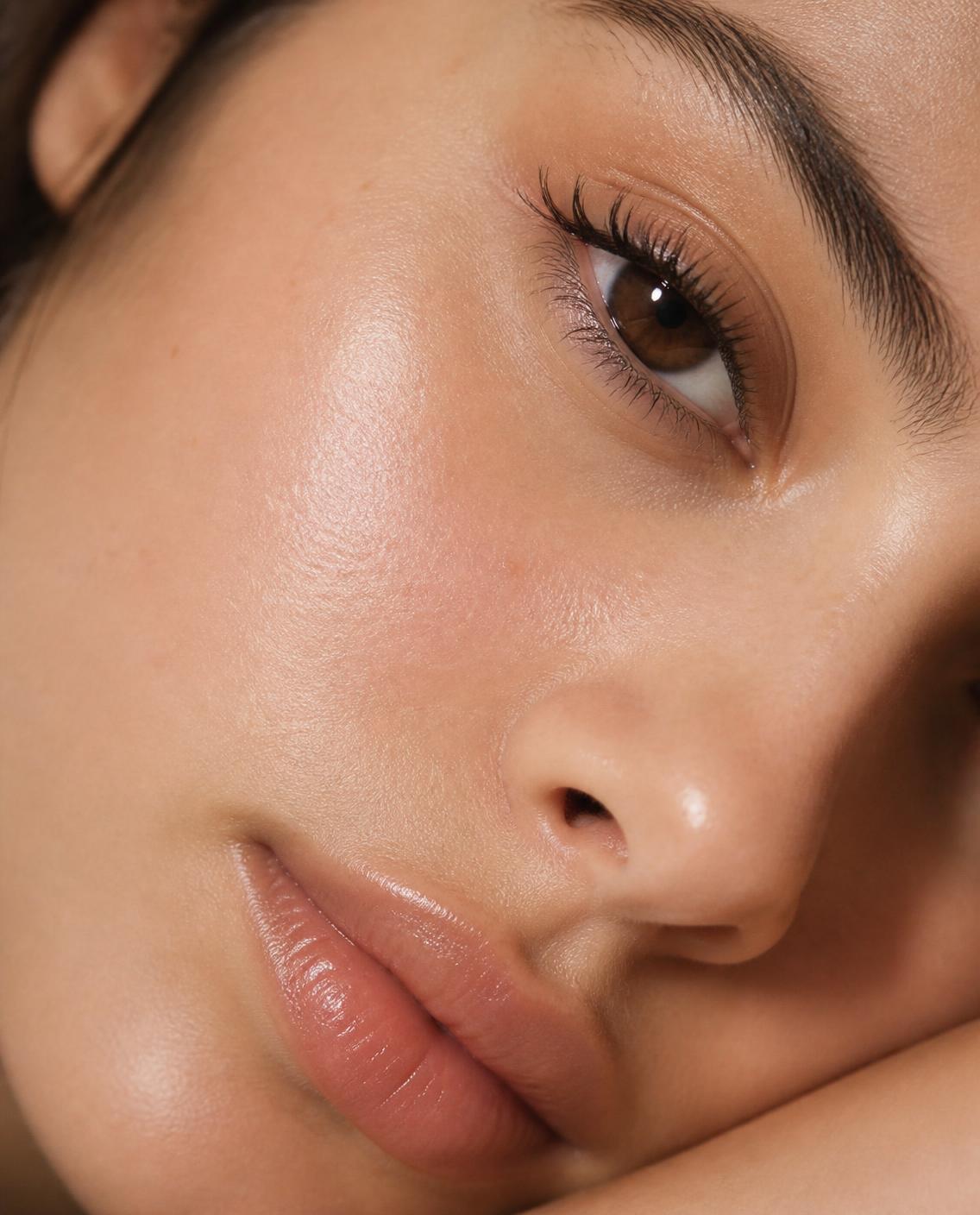 Close-up of glowing skin, eye and lips