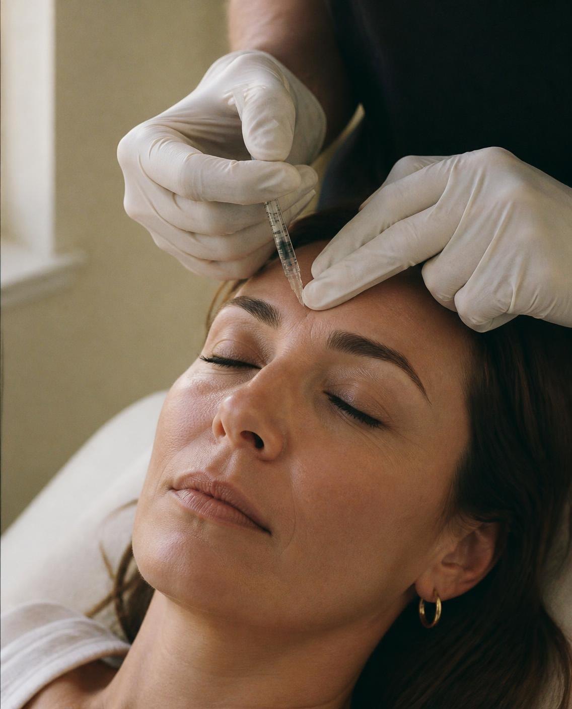 Gloved hands at the brow
