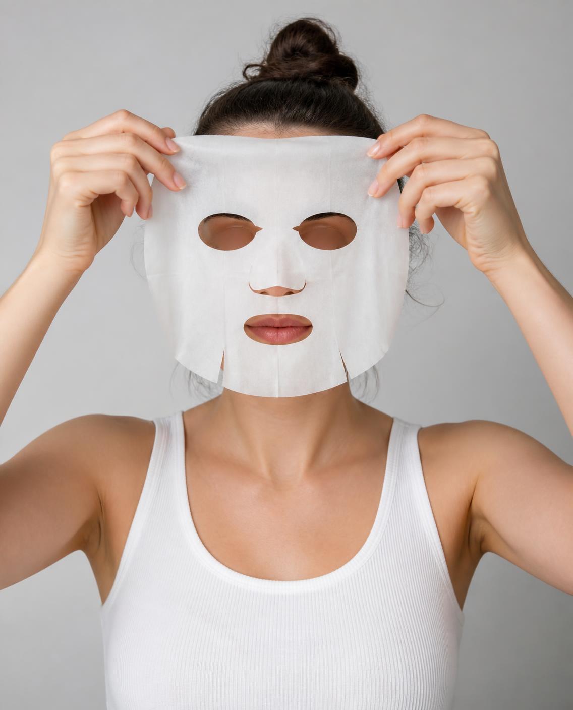 Holding up a sheet mask