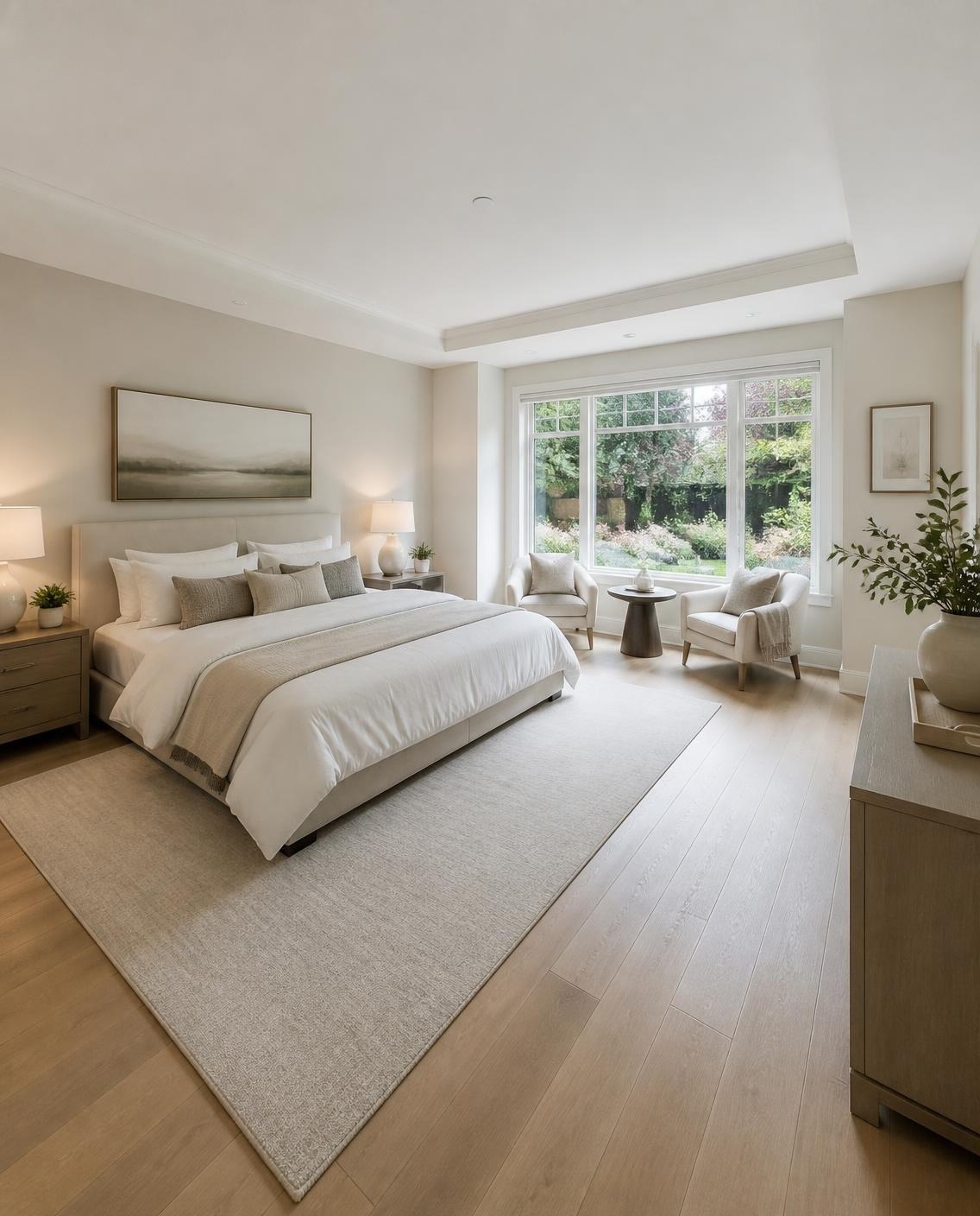 Bright primary bedroom with garden window
