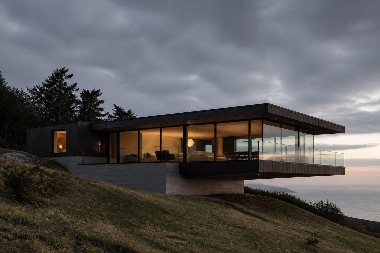 Glass house on a hill above the ocean at dusk