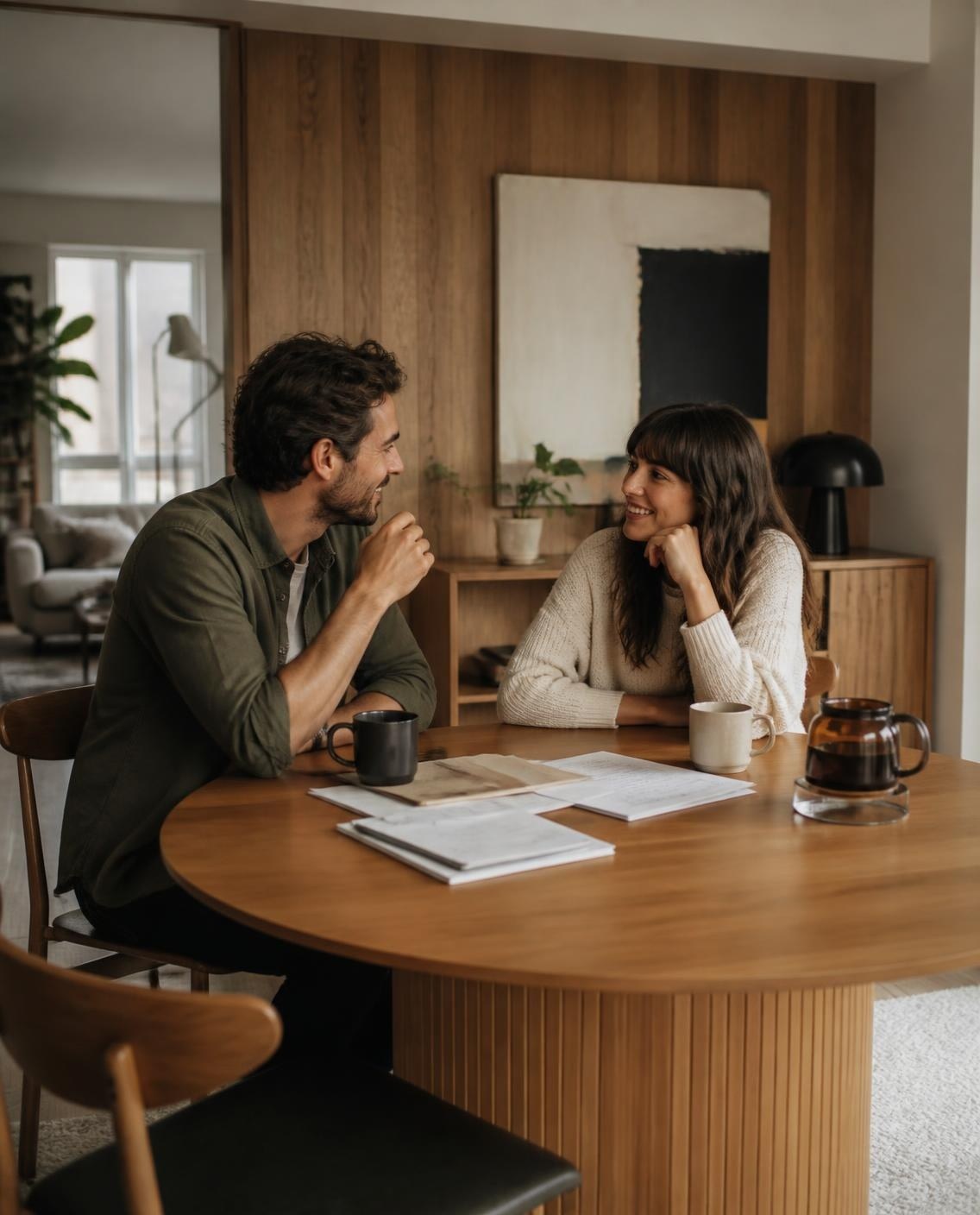 Couple talking at a dining table